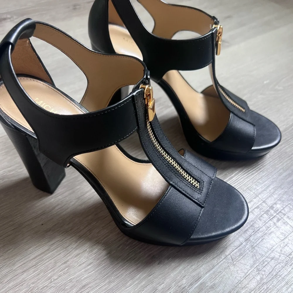 Michael Kors Black Leather T-Strap Heels with Gold Zip Detail - Picture 2 of 6